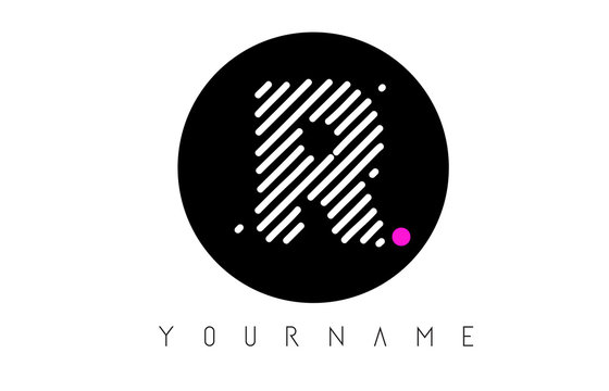 R Letter Logo Design with White Lines and Black Circle