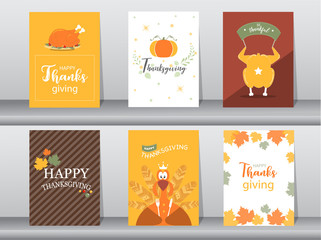 Set of Happy thanksgiving day card, design,poster,template,greeting,animal,cute,Vector illustrations