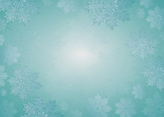 Fototapeta na wymiar Christmas design light turquoise color with elegant white snowflakes,