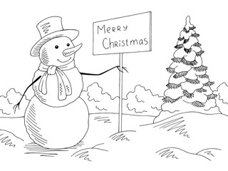 Snowman holding a greeting sign in winter park graphic black white landscape sketch illustration vector