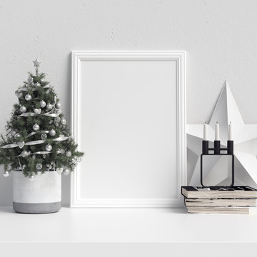 Mock Up Poster Frame in Interior Scandinavian Christmas and Winter Decoration