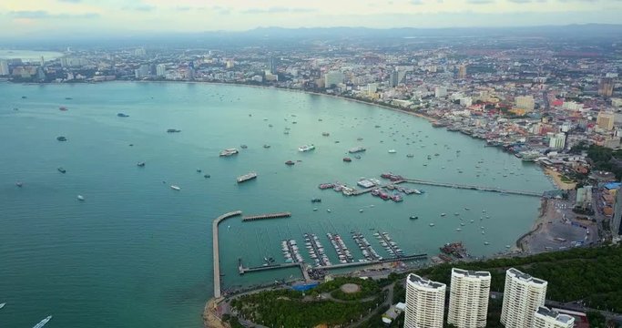 4K. Aerial view of Pattaya bay and Bali Hai Pier in Pattaya city, Chon Buri, Thailand.