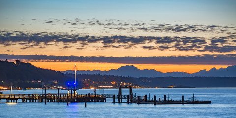 Docks and sunset at Tacoma bay in Washington