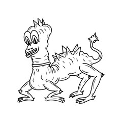 Crazy strange space alien monster. White background.  Original outline illustration
