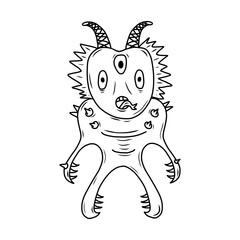 Crazy strange space alien monster. White background.  Original outline illustration