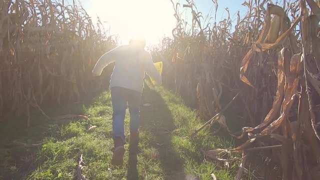 A young boy running through a corn maze in slow motion.