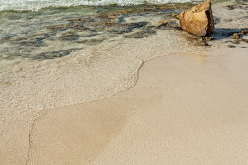 Sea ocean waves. sand beach with stone. Summer Vacation Travel and Holiday concept. Background