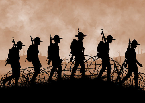 Silhouette of US soldiers on a Wolrd War one battlefield.