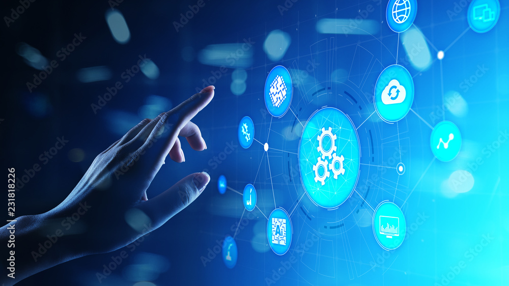 Aufkleber automation of business and industrial manufacturing process. technology innovation and software deve