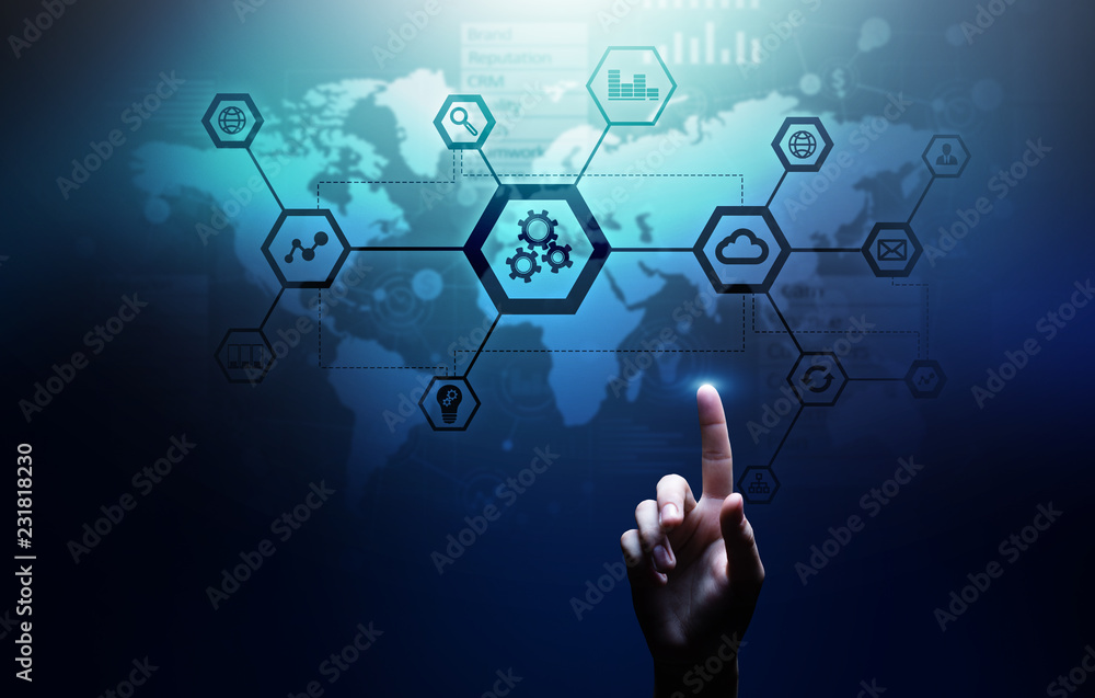 Poster automation and smart industry 4.0, internet of things (iot), gears and system structure on virtual s