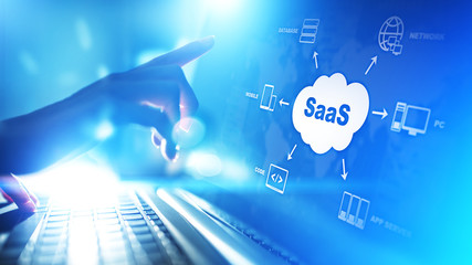 SaaS - Software as a service, on demand. Internet and technology concept on virtual screen.