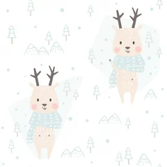 Papier peint Petit cerf Modèle sans couture d& 39 hiver bébé renne. Animal mignon en fond de Noël écharpe chaude.