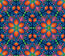 Vector seamless embroidery pattern, decorative textile ornament, pillow or bandana decor. Bohemian handmade style background design.