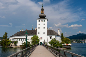 Gmunden Schloss Ort or Schloss Orth in the Traunsee lake in Gmunden city. View from the footbridge.