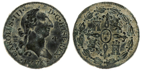 Ancient Spanish copper coin of the King Carlos III. 1772. Coined in Segovia. 4 Maravedis.