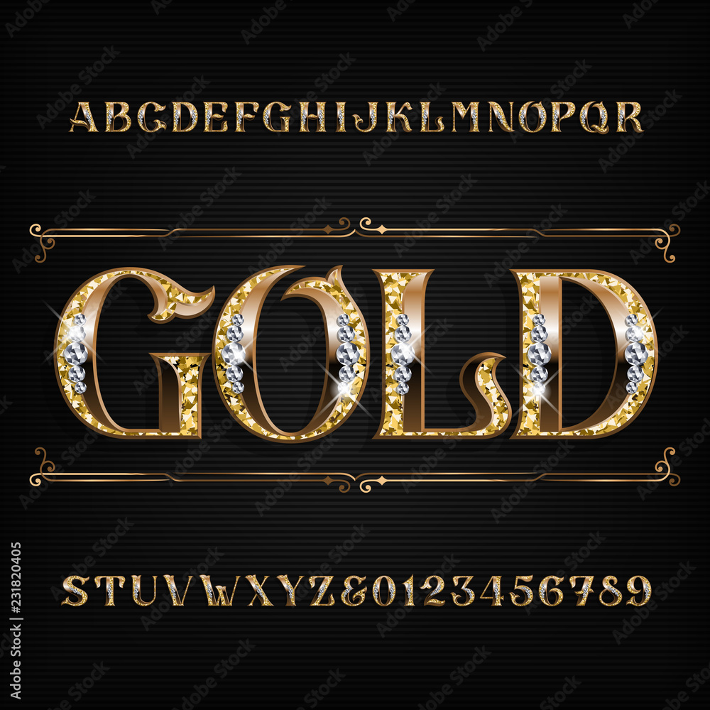 Fototapete ornate gold alphabet font. jeweler golden letters and numbers with diamond gemstones. stock vector t