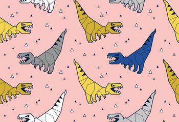 Seamless pattern with dinosaurs origami in blue, pink, gray and golden colors