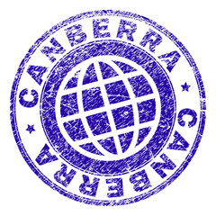 CANBERRA stamp imprint with grunge texture. Blue vector rubber seal print of CANBERRA label with grunge texture. Seal has words arranged by circle and globe symbol.