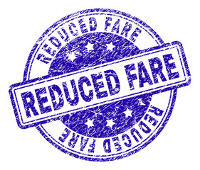 REDUCED FARE stamp seal imprint with grunge texture. Designed with rounded rectangles and circles. Blue vector rubber print of REDUCED FARE label with corroded texture.