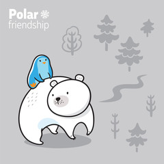 Vector illustration of a kawaii funny penguin riding a polar bear
