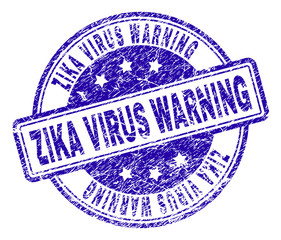 ZIKA VIRUS WARNING stamp seal imprint with grunge texture. Designed with rounded rectangles and circles. Blue vector rubber print of ZIKA VIRUS WARNING tag with grunge texture.