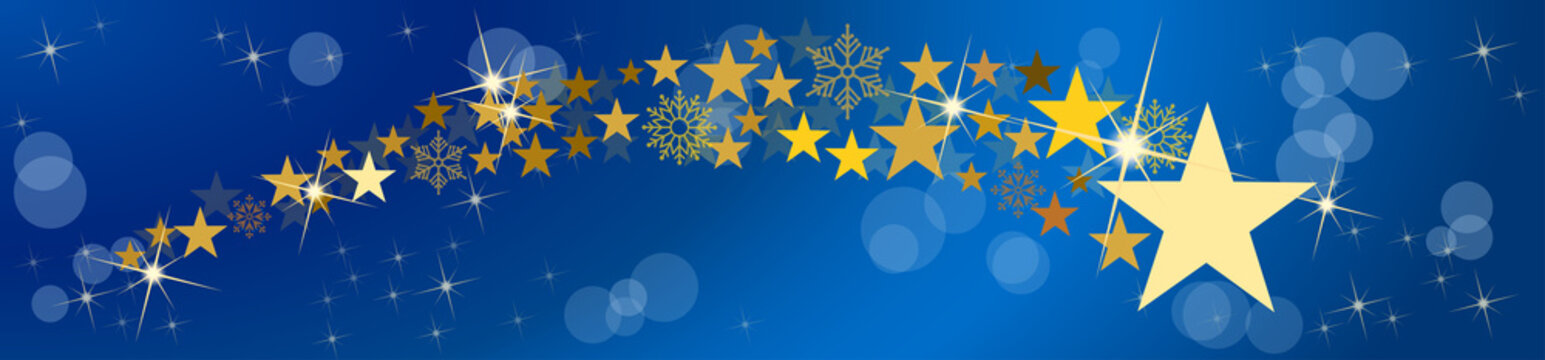 Christmas Vector Header. Comet And Stars, With Blurry Light. Blue Background