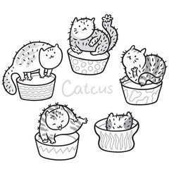 Cactus Cats. Outline hand drawing coloring print