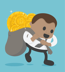 African businessman who is carrying a tremendous amount of bitcoin coins with expressions of delight.