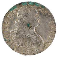 Ancient Spanish silver coin of the King Carlos IV. 1807. Coined in Mexico. 8 Reales. Obverse.