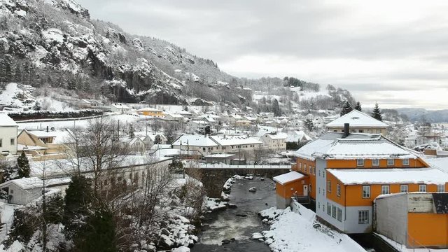 Moi bridge, Norway - winter day, snow
Drone footage over river towards bridge in Moi, Rogaland, Norway