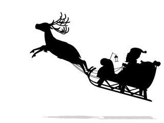 Silhouette of Santa  is taking off  with his reindeer on transparent background.