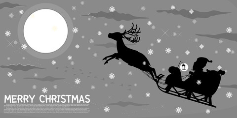 Silhouette of Santa  is flying  with his reindeer on night sky.