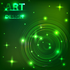 The effect of the magical shine of glowing neon rings on a dark background. Music design. Vector illustration.
