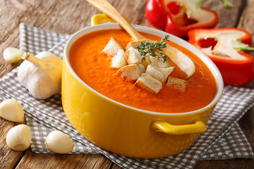 Homemade vegetarian bell pepper soup with croutons and herbs close-up. horizontal