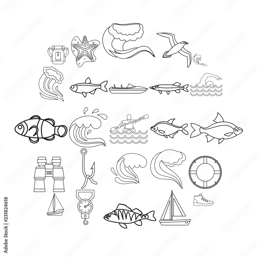 Poster fishery icons set. outline set of 25 fishery vector icons for web isolated on white background