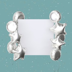 Party frame with  rendered silver foil balloons