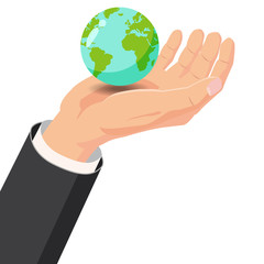 Hand holding Earth globe on white background vector illustration, Cartoon style, baner, poster, illustration, vector