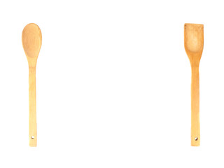 Top view of wooden kitchen utensils isolated on a white background, Cooking equipment with copy space.
