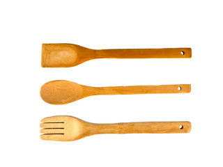 Top view of wooden kitchen utensils isolated on a white background, Cooking equipment.