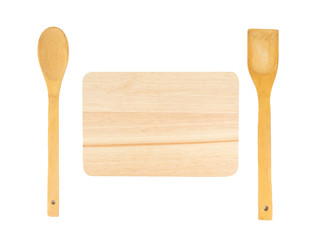 Top view of wooden kitchen utensils with cutting board isolated on a white background, Cooking equipment with copy space.