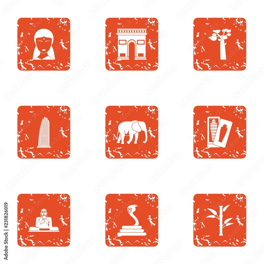 Poster india style icons set. grunge set of 9 india style vector icons for web isolated on white background
