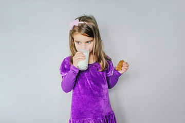 little girl drinking milk with cookies on a gray background of isolate.	