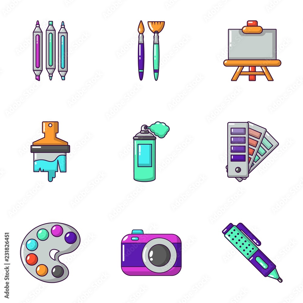 Poster color icons set. cartoon set of 9 color vector icons for web isolated on white background