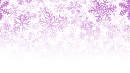 Fototapeta na wymiar Christmas background of many layers of snowflakes of different shapes, sizes and transparency. Gradient from purple to white