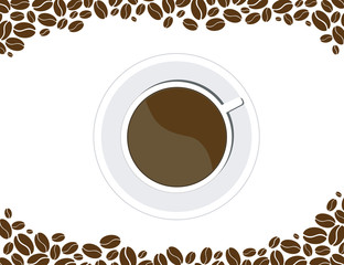 Coffee beans, a mug of hot black coffee with crema on a white background. vector illustration.