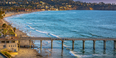 Scripps Pier and San Diego shoreline with houses