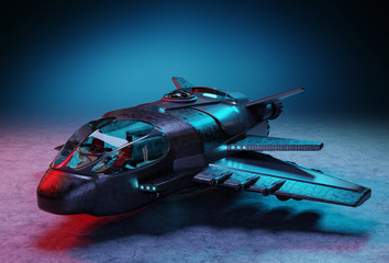 Futuristic spacecraft isolated on dark background 3D rendering