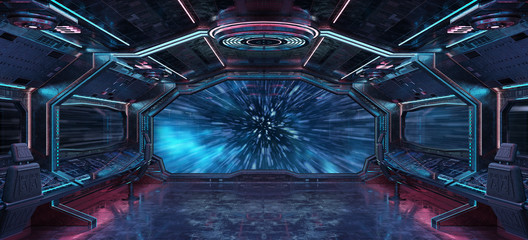 Grunge Spaceship interior with view on planet Earth 3D rendering