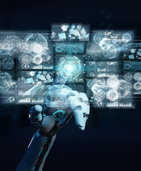 White cyborg hand using digital datas interface 3D rendering