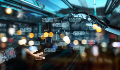 White robot on blurred background hacking and accessing private cyber datas